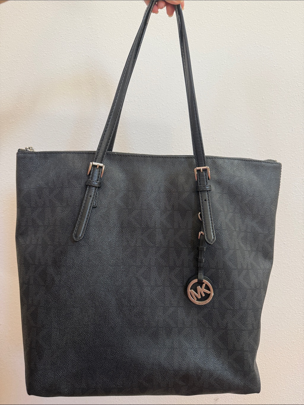 Michael Kors Black Logo-Embossed Tote With Mk Charm